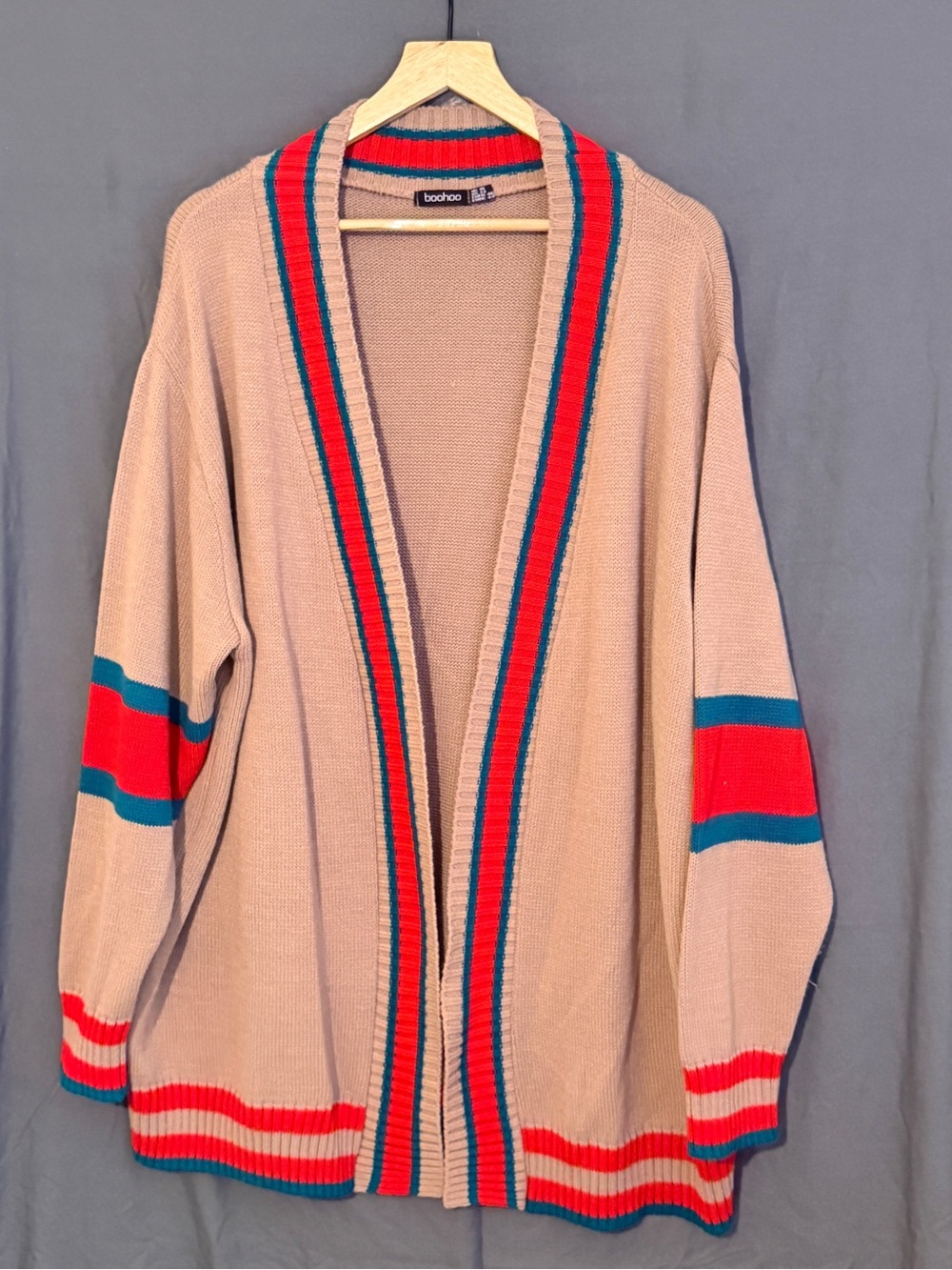 boohoo Beige Open-Front Cardigan with Red & Green Stripe Trim